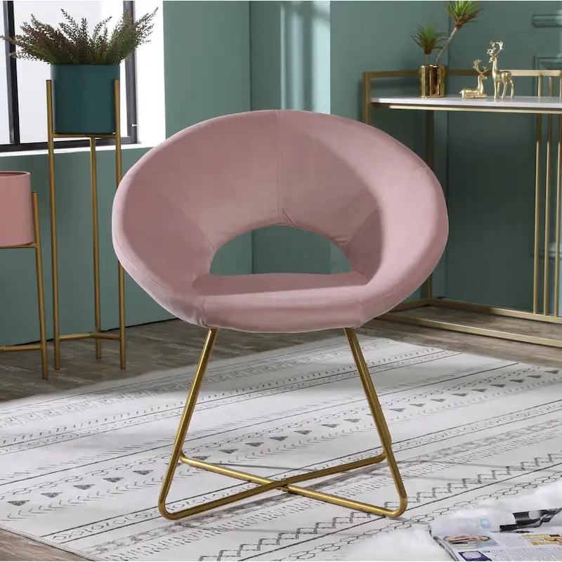 Pink Modern 28 Polyester Upholstered Accent Chair with Gold Tone Finished Base and Metal Sled Legs