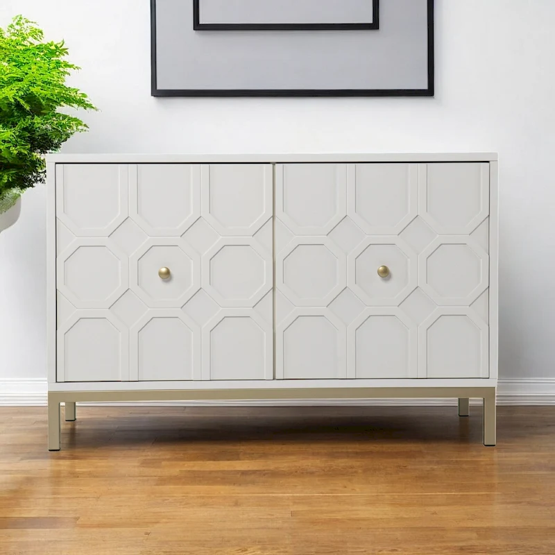 HomeRoots 40  White Carved Geometric Sideboard with Two Doors