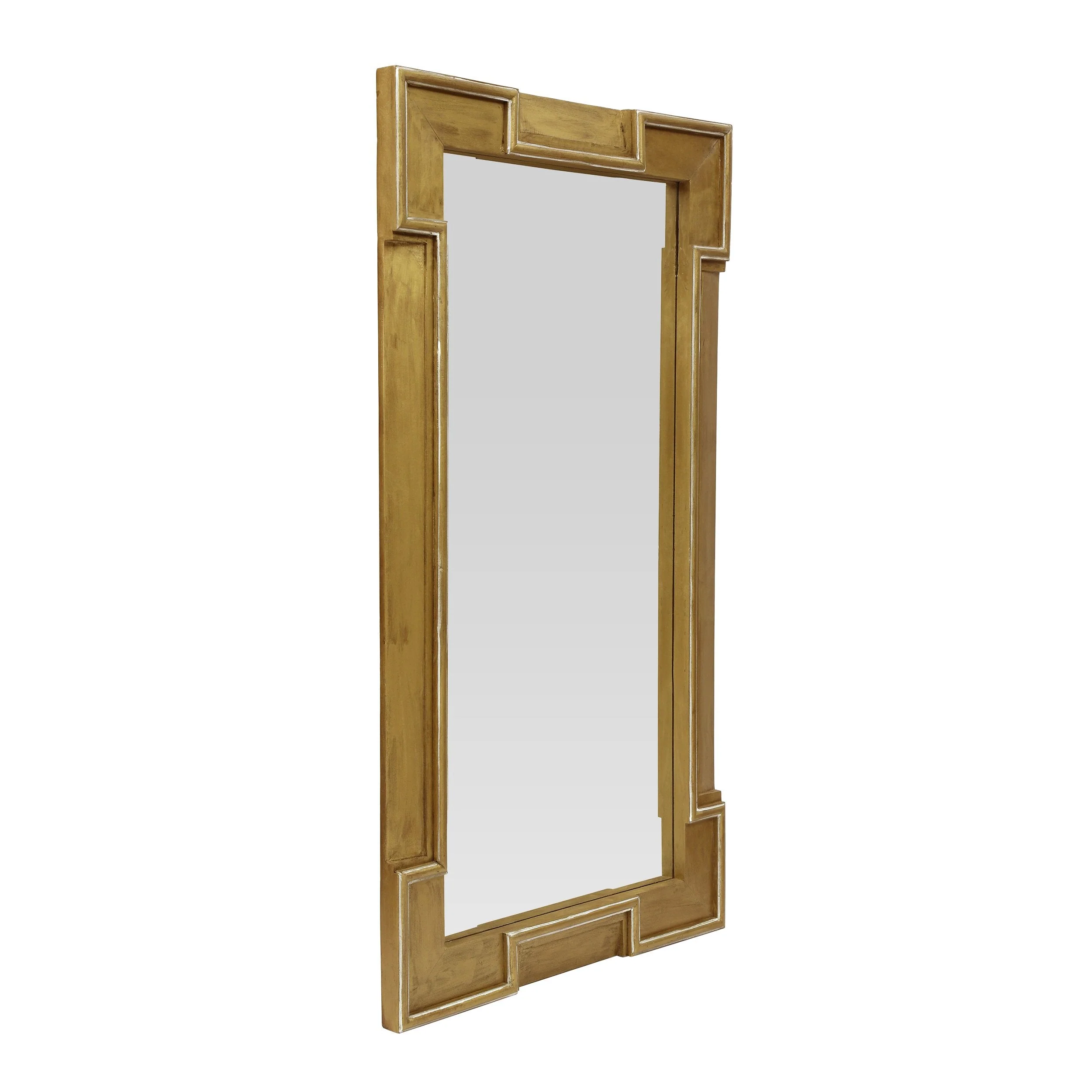 Boho Handcrafted Mango Wood Carved Full Length Standing Mirror, Natural and Gold - NH759413