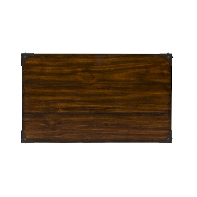 Russet Brown Chair Side Table Pine Wood 2 Open Shelves Metal Accents Planked Top Tapered Legs 16.25