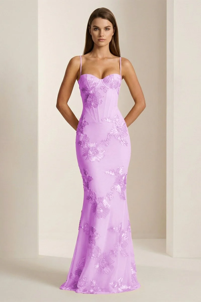 Yellow Spaghetti Straps Sheath Long Prom Dresses With Floral Embroidery