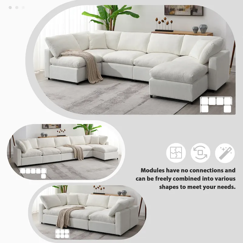 6 Seat Modern Modular Cloud Sofa Bed Chenille Sectional Couch Set with Ottoman