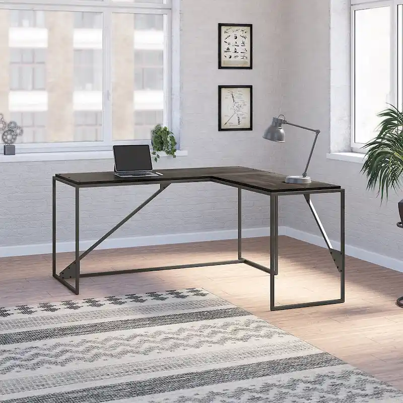 Rustic Gray L Shaped Industrial Desk with Steel Frame for Adults