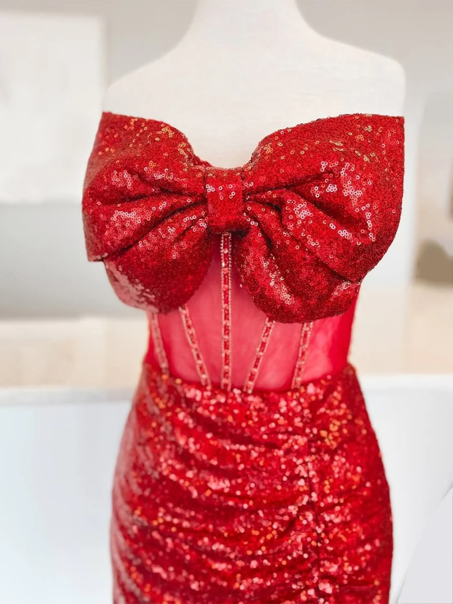 Red - Bodycon Strapless Sequined Mini Party Dresses With Bow