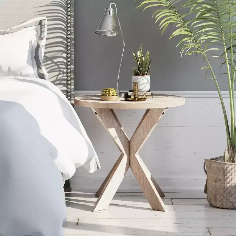 COZAYH Farmhouse Round Wooden End Table with Cross Legs, Vintage Grey, Set of 2