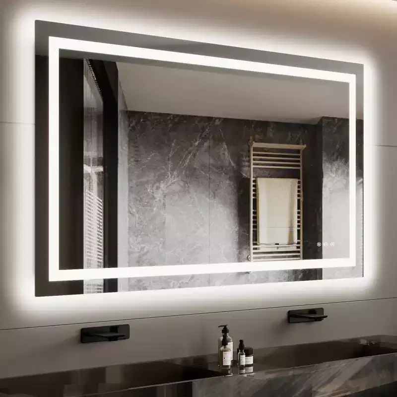Bathroom mirror, vanity mirror, adjustable backlight, anti-fog technology, memory function, shatterproof glass, horizontal or vertical installation.