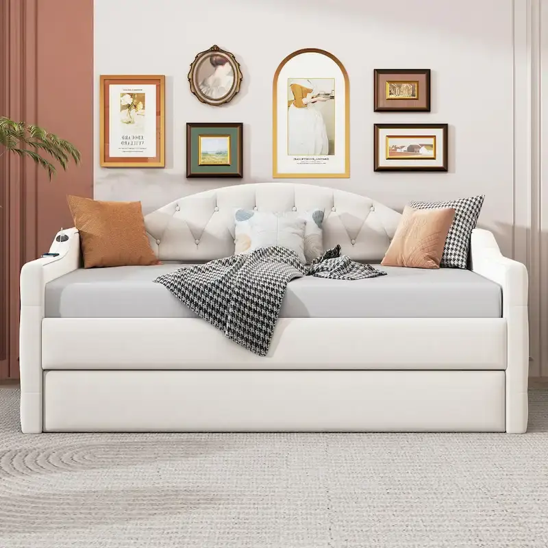Twin Size Upholstered Daybed with Trundle and Charging Ports, Beige