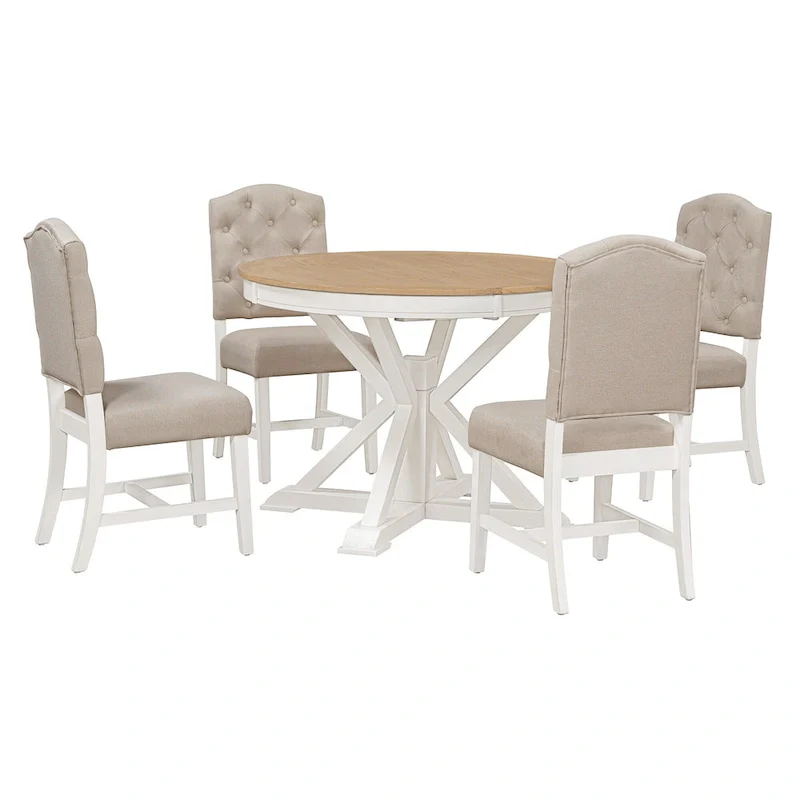Functional Dining Table Set with Extendable Table and 4 Upholstered Chairs