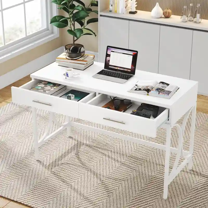 Modern Computer Writing Desk with 2 Drawers, White and Gold Home Office Desk, Makeup Vanity Table