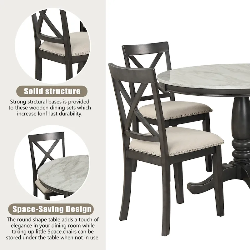 Modern Style Wooden 5-Piece Dining Set with Round Table amd 4 Upholstered Chairs