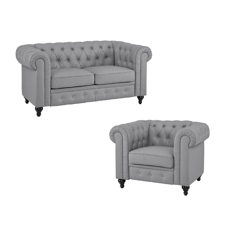 Chesterfield Elegance Collection: Loveseat and Accent Chair with Rolled Arms for Living Room, Office, Reception