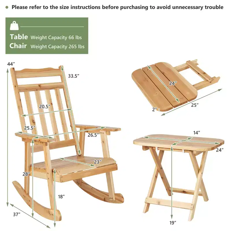 Costway 2PCSPatio Wooden Rocking Chair Bistro Set High Backrest with Folding Side Table