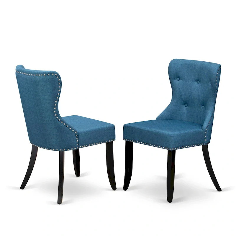 Round Dining Table Set with Blue Linen Fabric Chairs - Wire Brushed Black