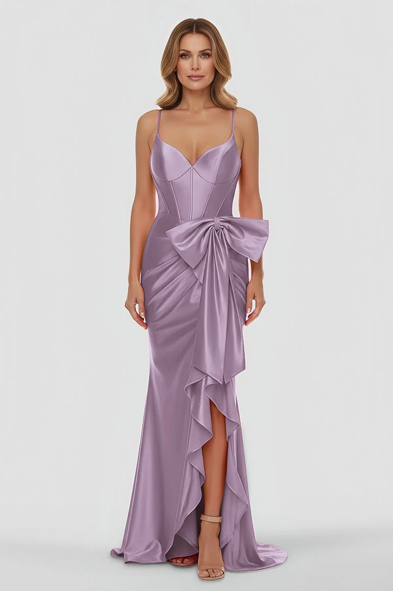 Straps V-Neck Satin Mermaid Prom Dress with Bow