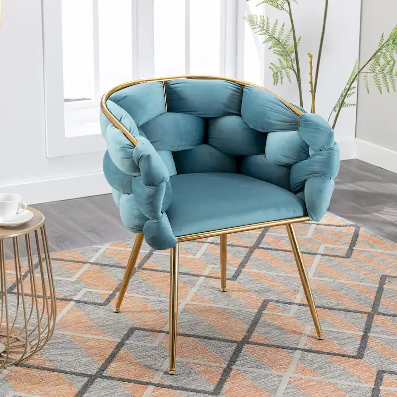 Blue Velvet Accent Chair with Gold Metal Legs – Modern Style, Seats 1