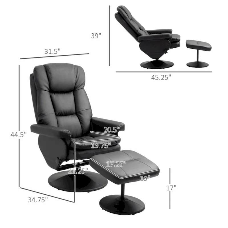 Recliner and Ottoman with Wrapped Base, Swivel PU Leather Reclining Chair with Footrest,Black