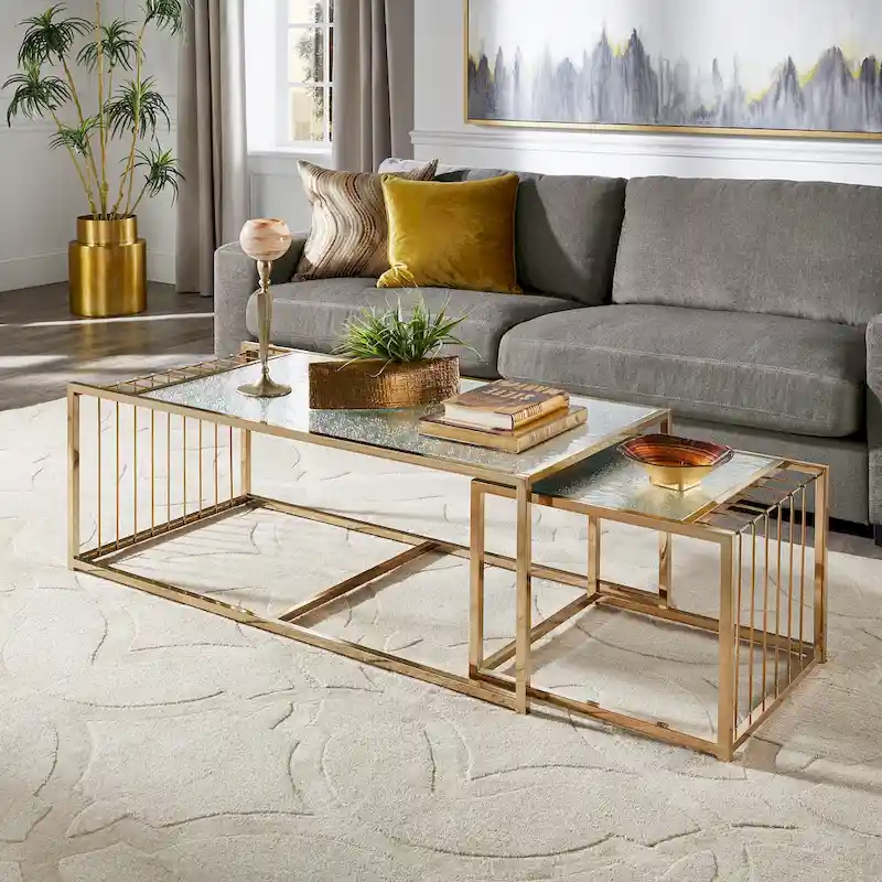 Astor Champagne Gold Finish Textured Mirror Top Nesting Coffee Table by iNSPIRE Q Bold