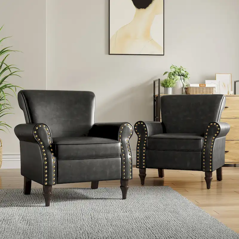 2 Set Nailheads Accent Chair Faux Leather Armchair