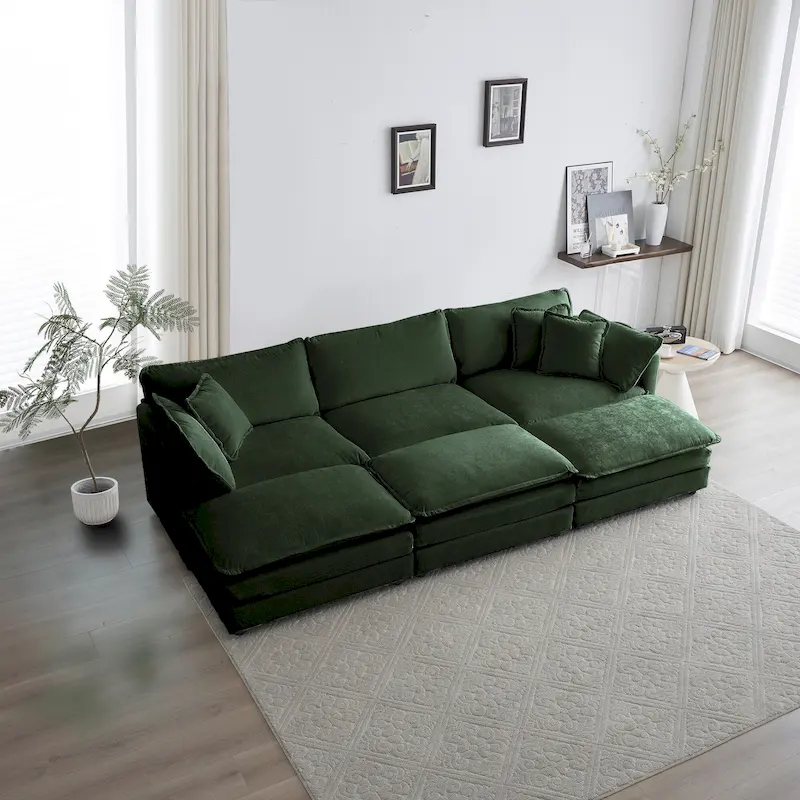 Green 6-Seater U-Shape Sectional Sofa with 3 Ottomans and Pillows