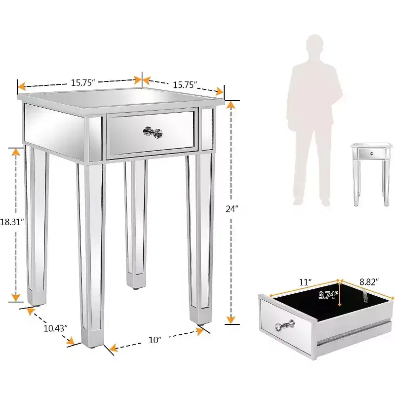 VINGLI Mirrored End Table with Drawer Silver Modern Nightstand/Bedside/Accent Table for Small Space