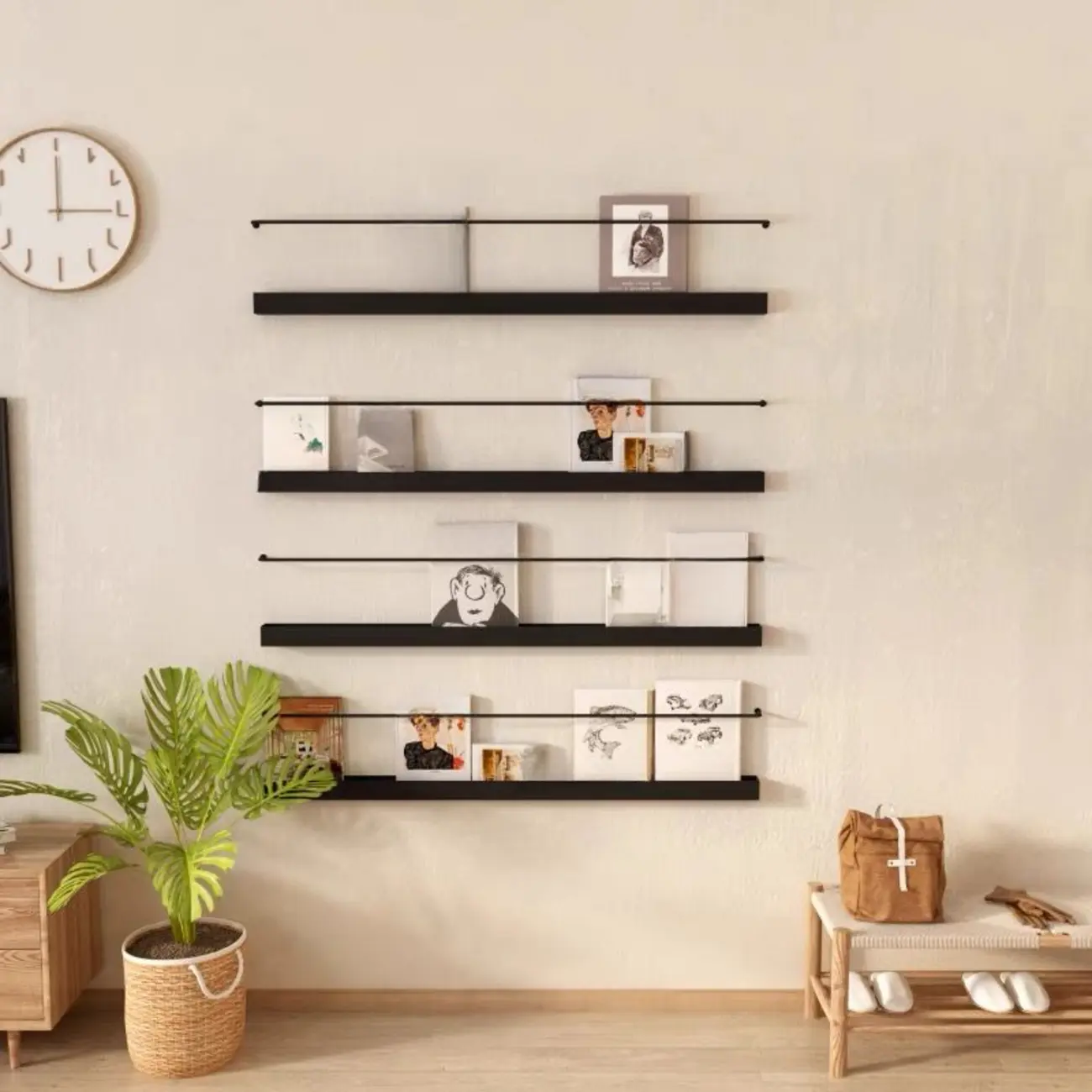 Simple Black Metal Wall-Mounted Bookshelf Set