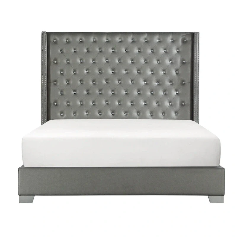 Gray Faux Leather Upholstered Tufted Bed