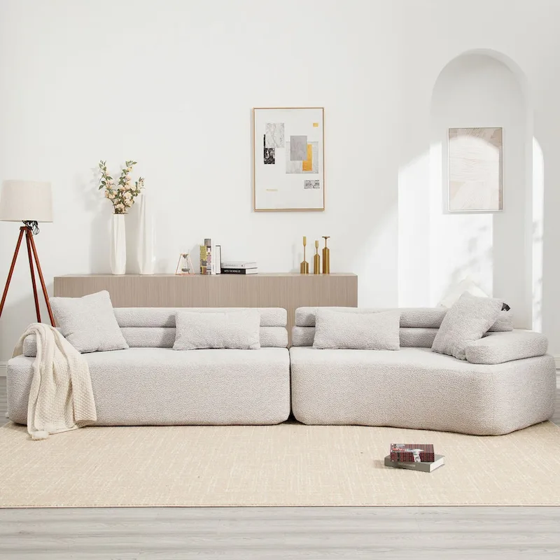 Modern Boucle 4-Seater Upholstered Sectional Sofa with 4 Pillows