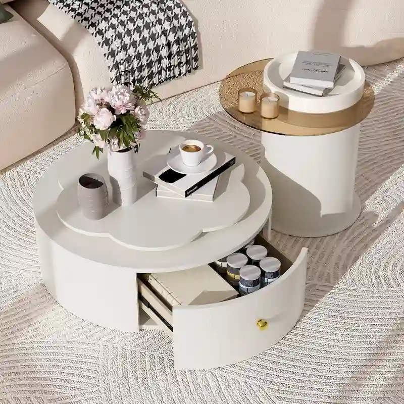 Modern Round Coffee Table Set of 2, 360-Degree Rotatable Flower-shaped Top with 2 Drawers, Top Circle Side Table with Glass