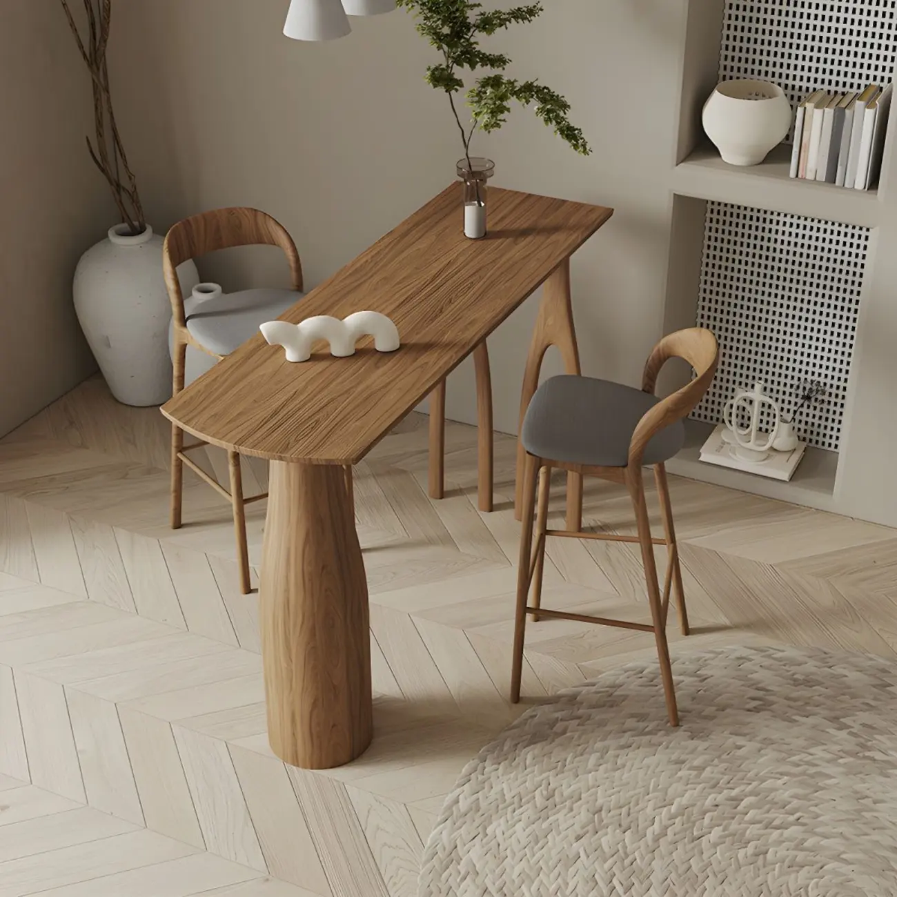 Mid-Century Modern Wood Faux Leather Bar Stool