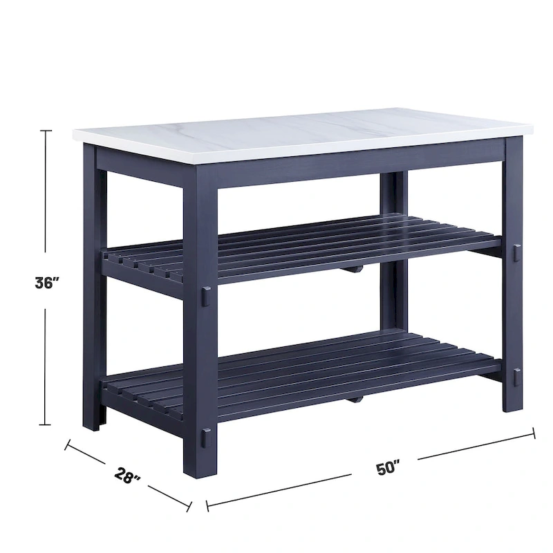 Marble Top Kitchen Island with 2 Open Shelves in White and Gray
