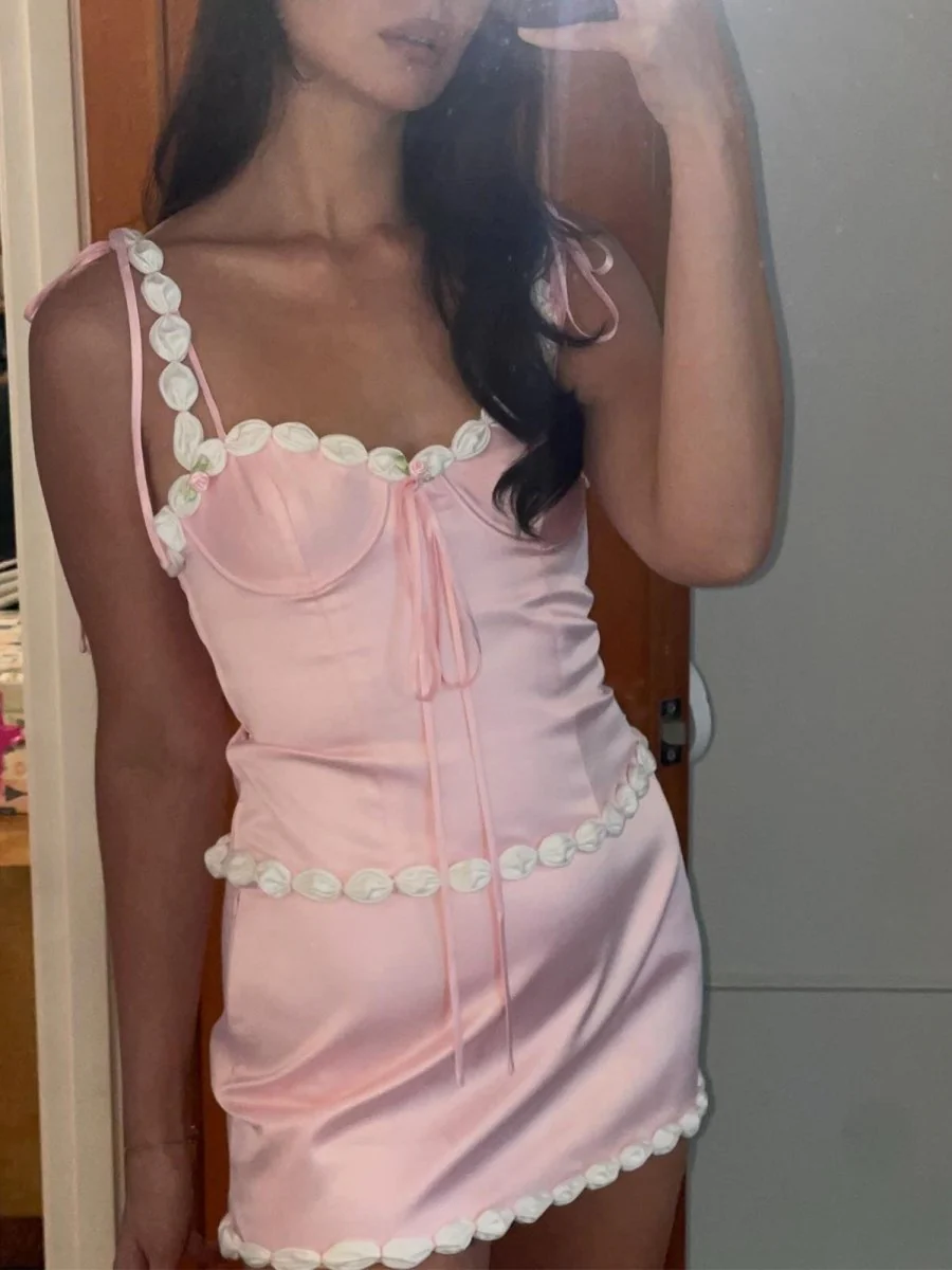 Pink - Sheath Satin Spaghetti Straps Homecoming Dress with Flowers