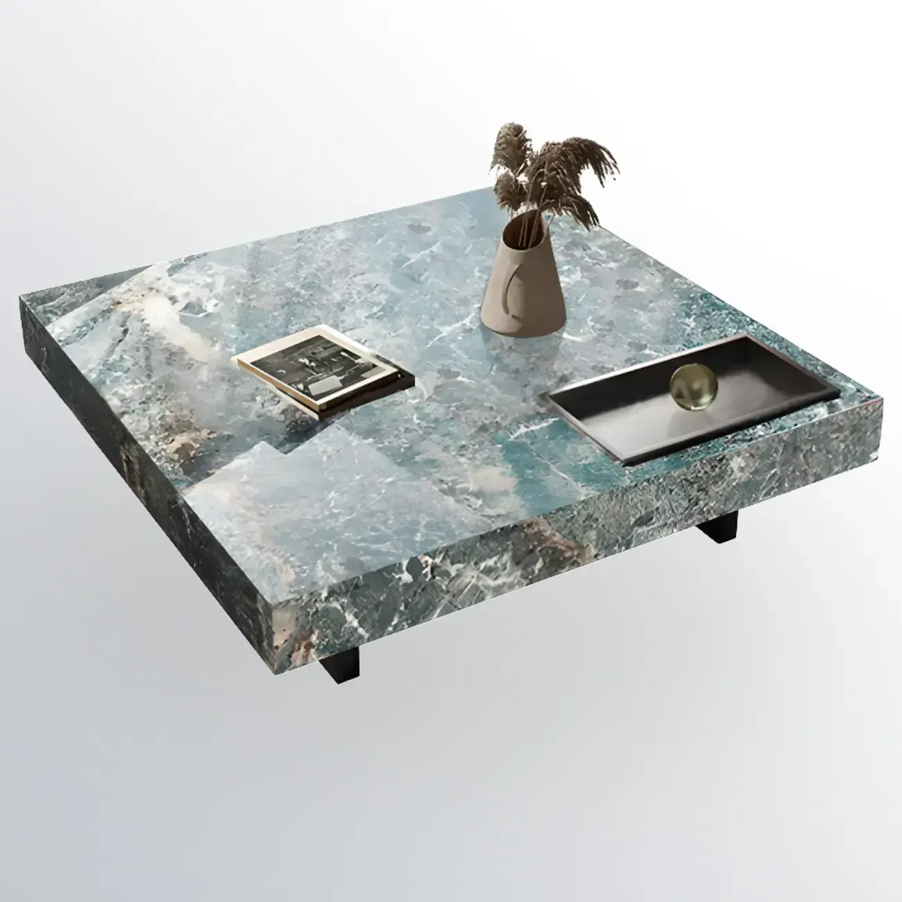 Modern Low Stone Square Coffee Table with Double Pedestal