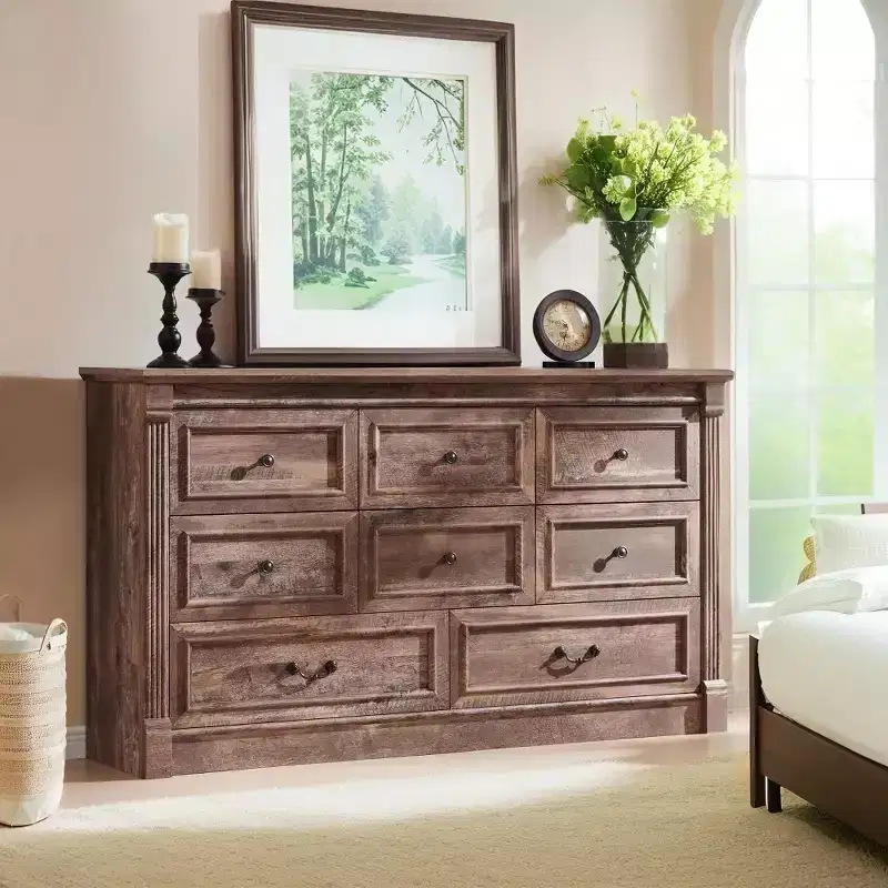 Sincido 8 Drawers Dresser for Bedroom, Farmhouse 61 Wide Tall Dressers w/Roman Column