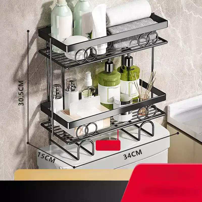 Black Over-Toilet Shelf  Punching-Free Wall-Mounted Layer Bathroom Storage (Space-Saving Design)