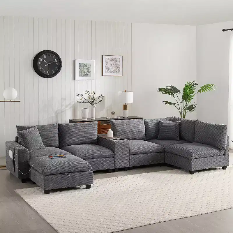 Clihome 140'' Oversized Modular Sectional Sofa with Movable Storage Ottoman,Cup Holder,Wide Seat,USB Charger,6 Seat U Shaped Corduroy Couch