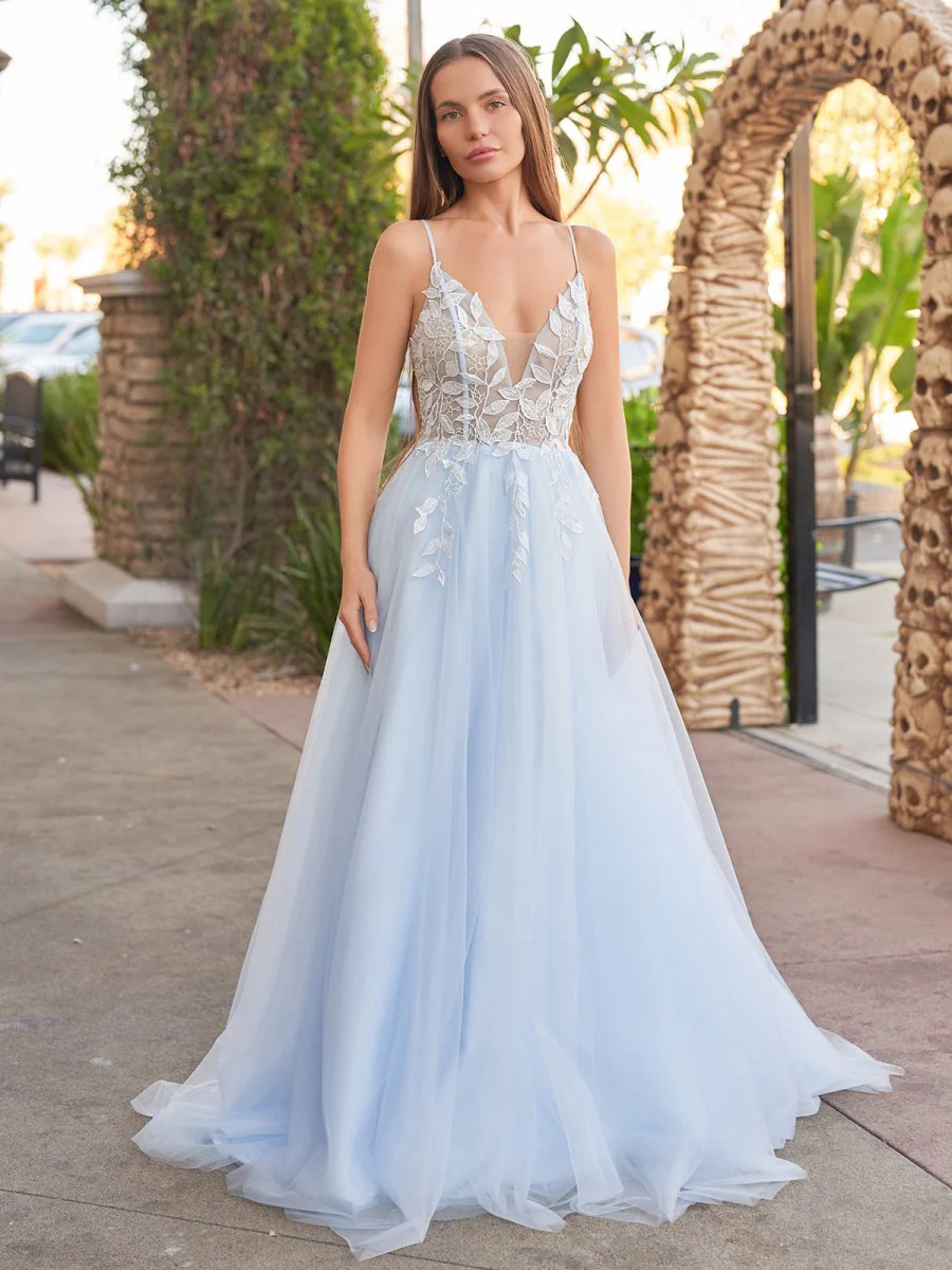 Light Blue V Neck Lace-Up Appliques Tulle Long Prom Dress