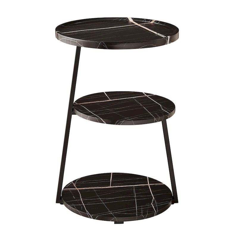 Skylar Round 3-Tier Side Accent Table with Raised Lip Edge Tabletop and Midcentury Modern Metal Asymmetric Pedestal Legs