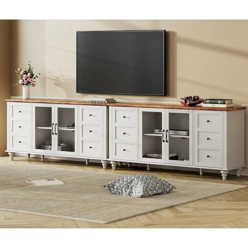 WAMPAT Farmhouse Glass Door TV Stand for up to 110  TVs, Modern Entertainment Center with Storage