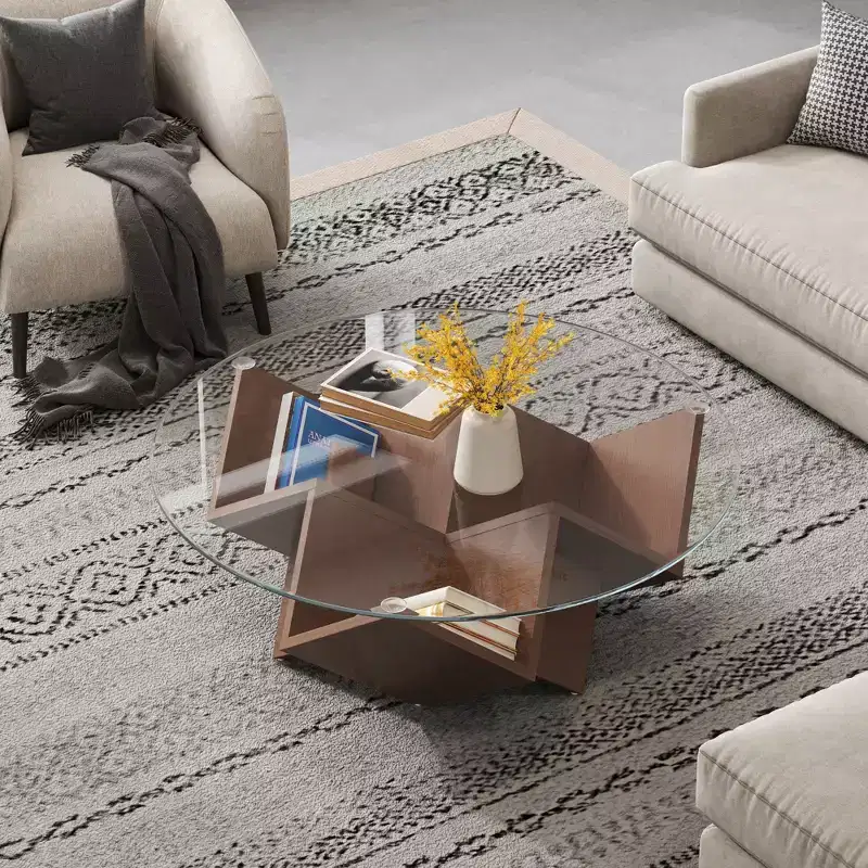 Round Coffee Table Glass Cocktail Table Center Table Sofa Side Table Accent Table with Geometric Abstract Art Base Storage Shelf, Walnut - ModernLuxe