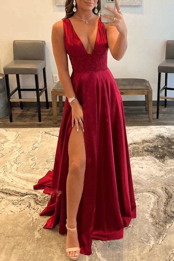 Burgundy V Neck Lace Long Prom Evening Dress with High Slit