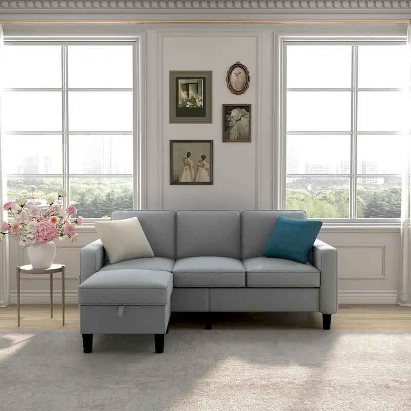 Dark Grey / Light Gray Fabric L-Shaped Modular Sofa with Storage Chaise – 3 or 4 Person