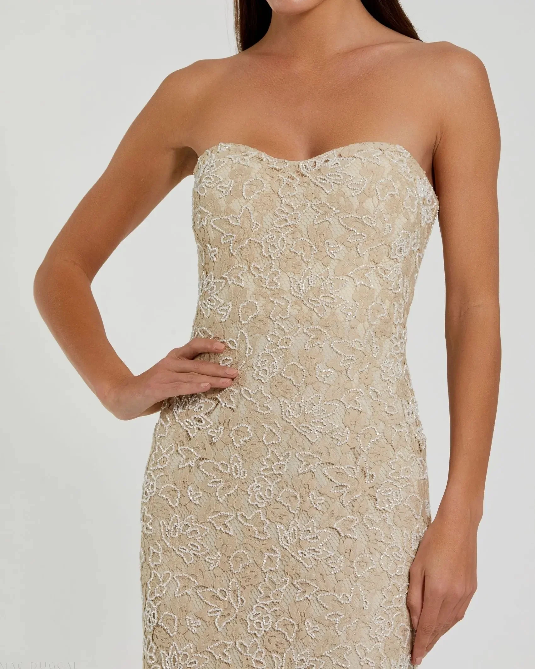 Beige Strapless Beaded Lace Fitted Column Gown