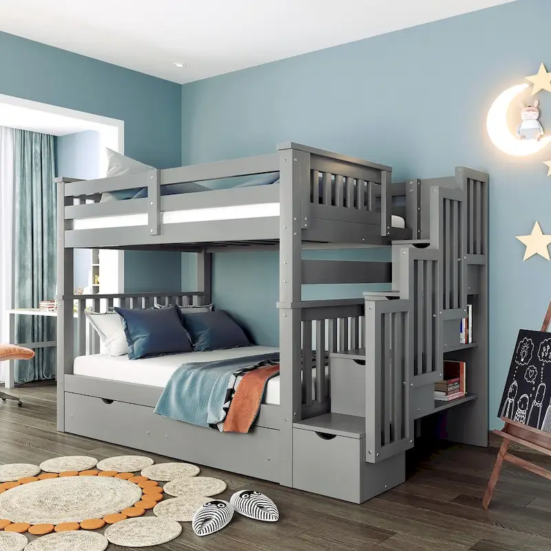 White Full Over Full Staircase Bunk Bed with Drawers & Shelves, Sleeps 2