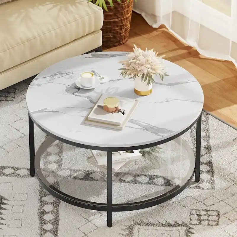 Moasis Industrial 2-Tier Round Coffee Table with Shelf
