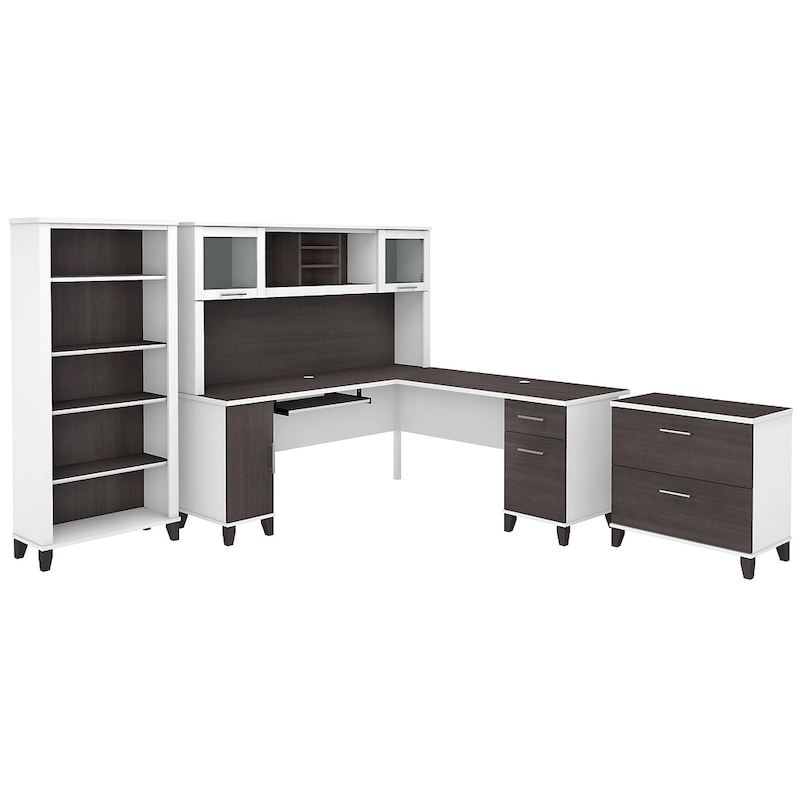 Somerset 72W L Shaped Desk with Hutch, Cabinet and Bookcase in Gray