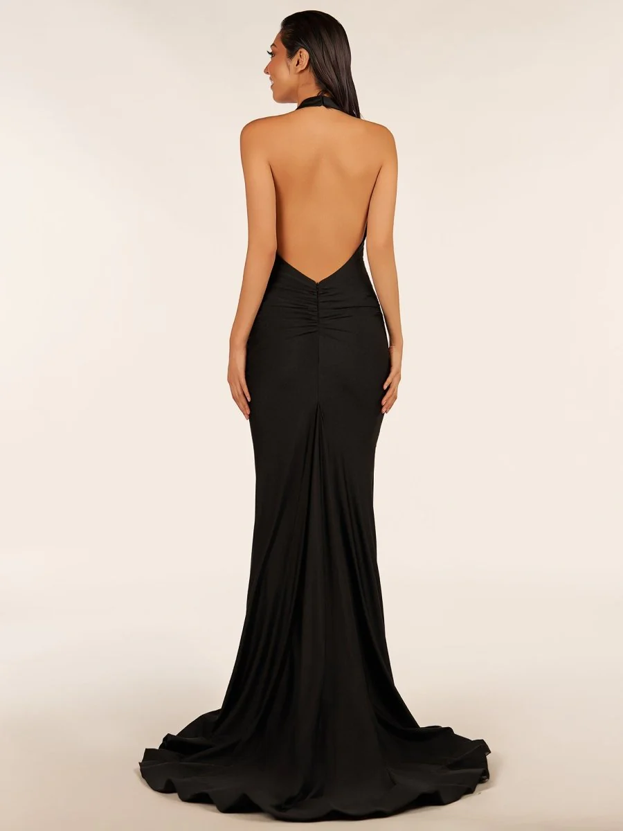 Simple Black Halter Backless Mermaid Long Prom Dress