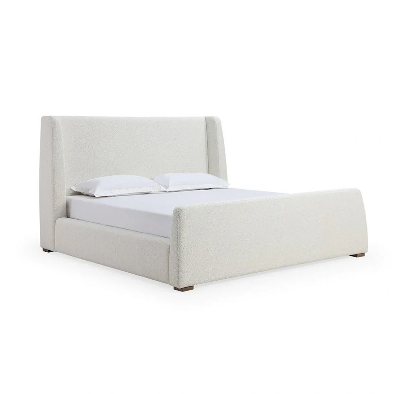 Mosi Queen Platform Bed, Wingback Headboard, White Boucle Fabric Upholstery
