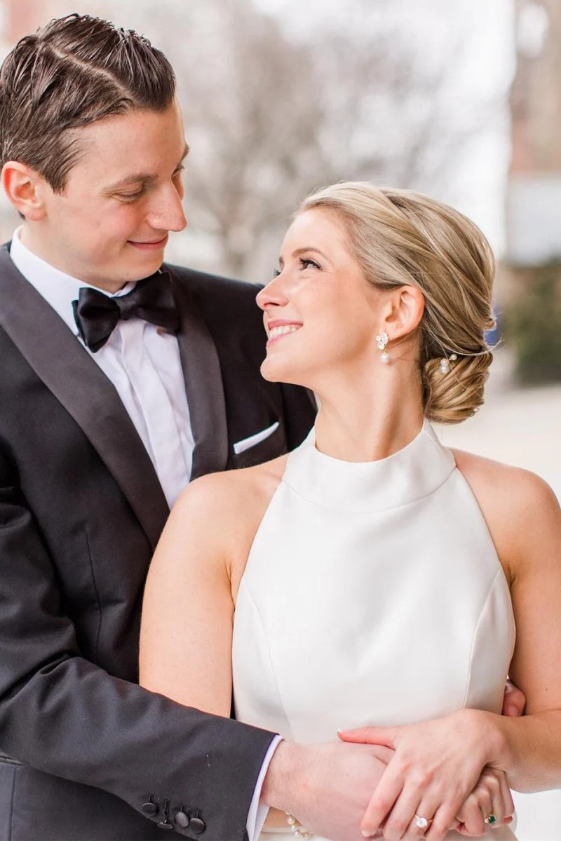 White Halter A-line Satin Wedding Dress with Buttons