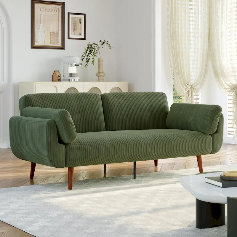 Convertible Loveseat Sofa Bed, Corduroy Fabric, Dual Recline Backrest, Sinuous Spring, Solid Wood & Metal Legs, Twin Size Bed, Beige / Khaki / Green / Navy / Gray, 2-Person Use