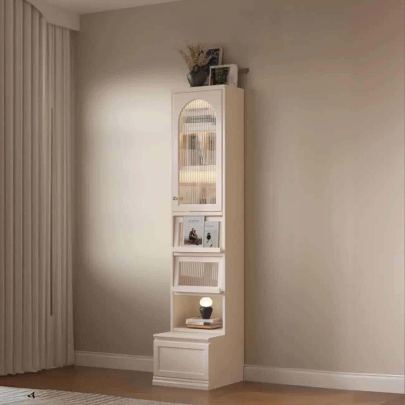 White Tall Wooden Floor Display Cabinet with Light